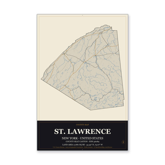 St. Lawrence County, New York Map Aluminum Sign in Museum Plaque style
