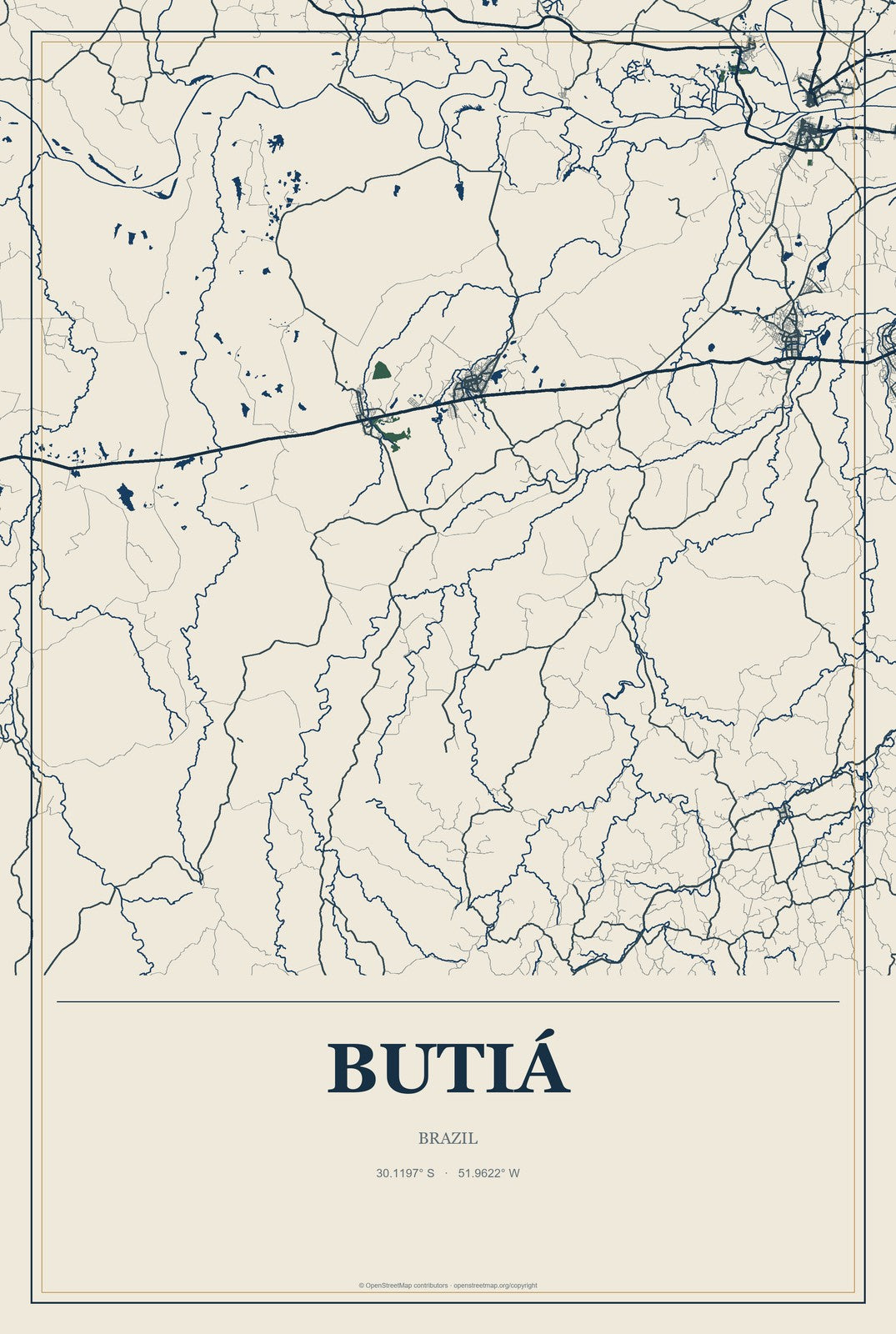Butiá, Brazil City Map Aluminum Sign in Coastal Cutout style