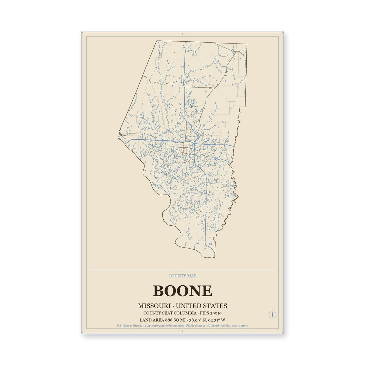 Boone County, Missouri Map Aluminum Sign in Heritage Nautical style
