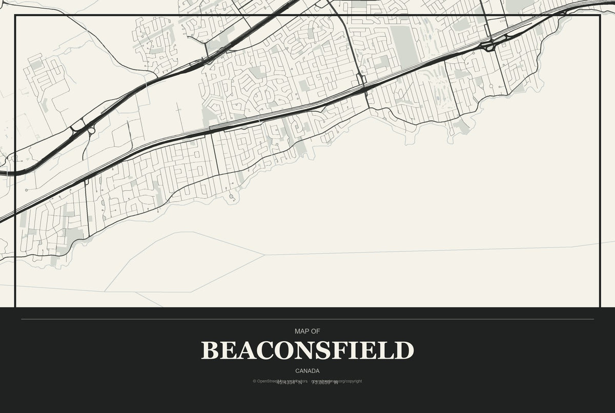Beaconsfield, Canada City Map Aluminum Sign in Museum Plaque style