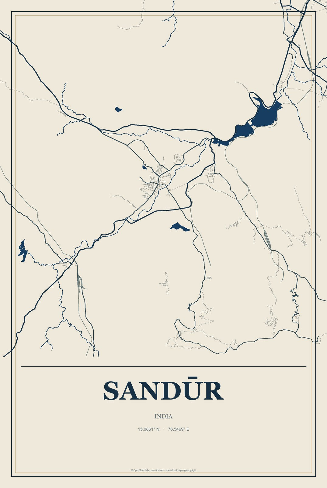 Sandūr, India City Map Aluminum Sign in Coastal Cutout style