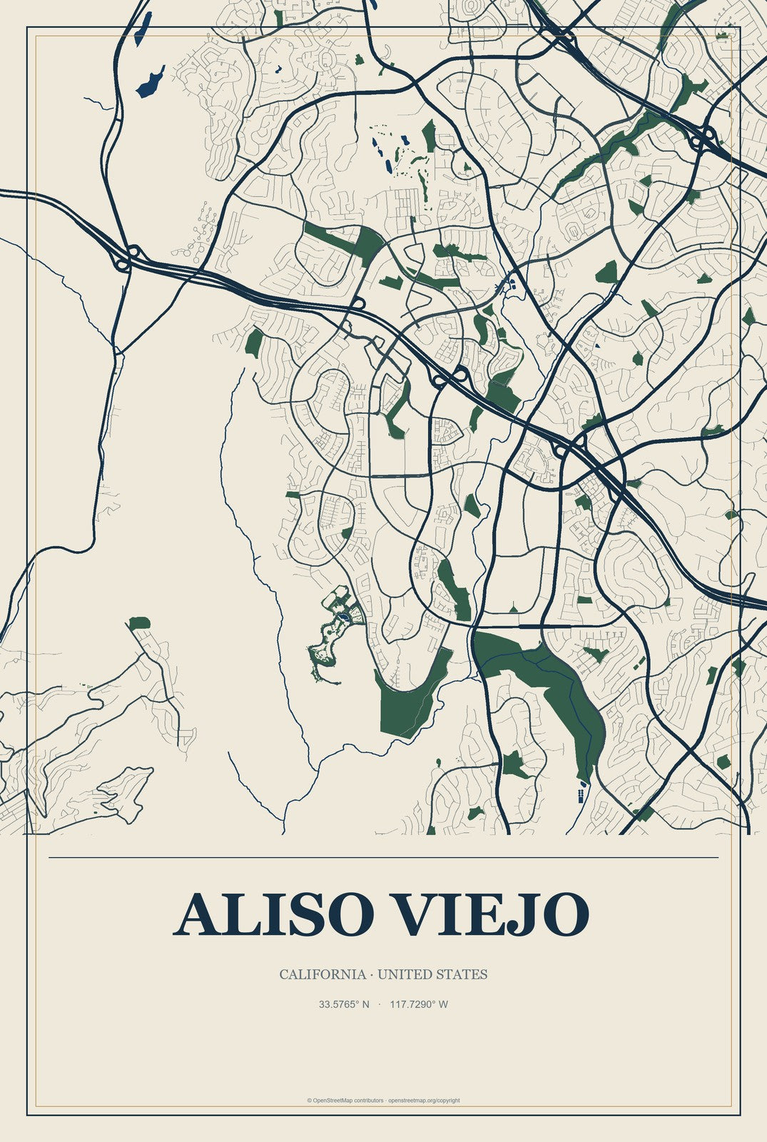 Aliso Viejo, California City Map Aluminum Sign in Coastal Cutout style