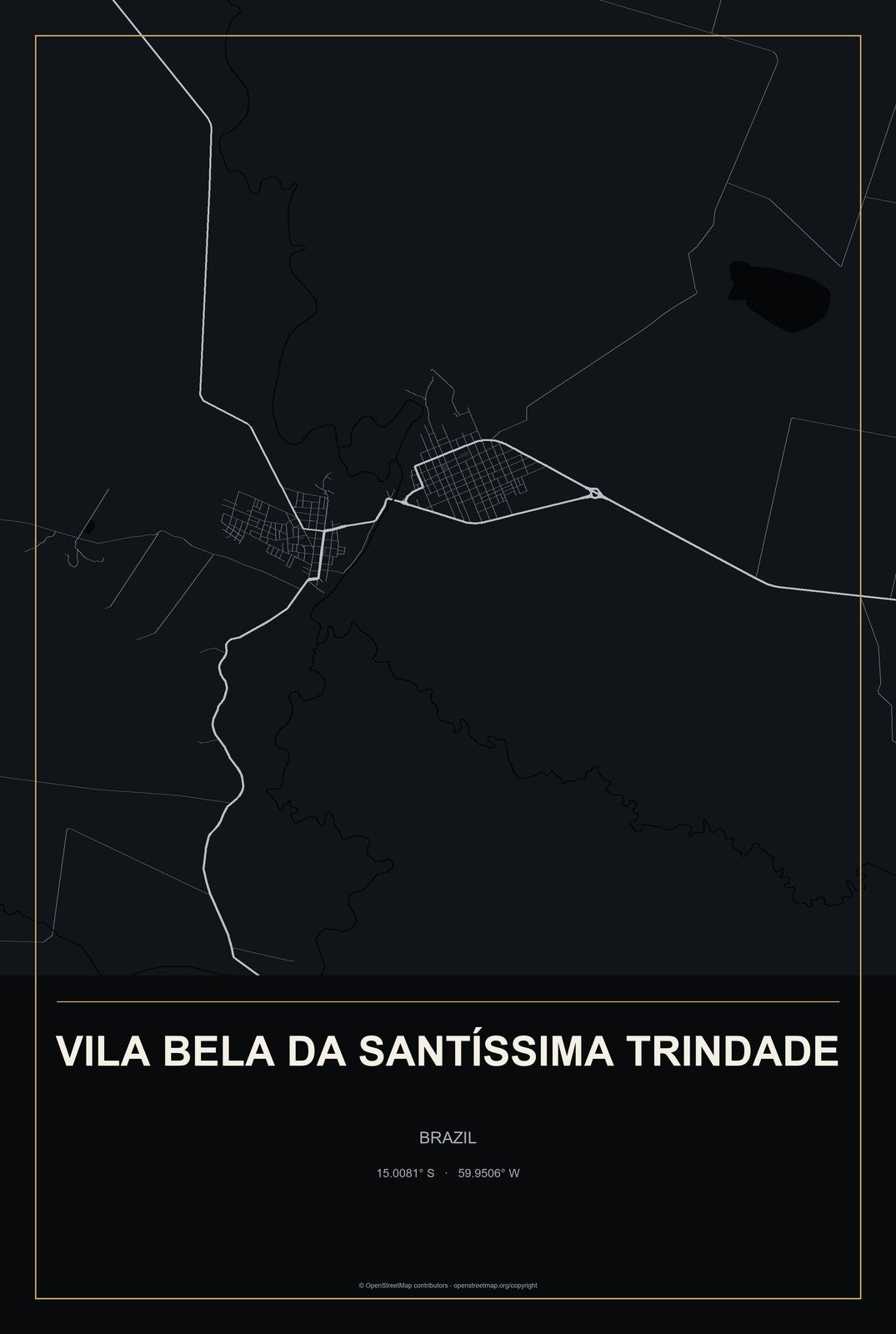 Vila Bela da Santíssima Trindade, Brazil City Map Aluminum Sign in Metropolitan Noir style