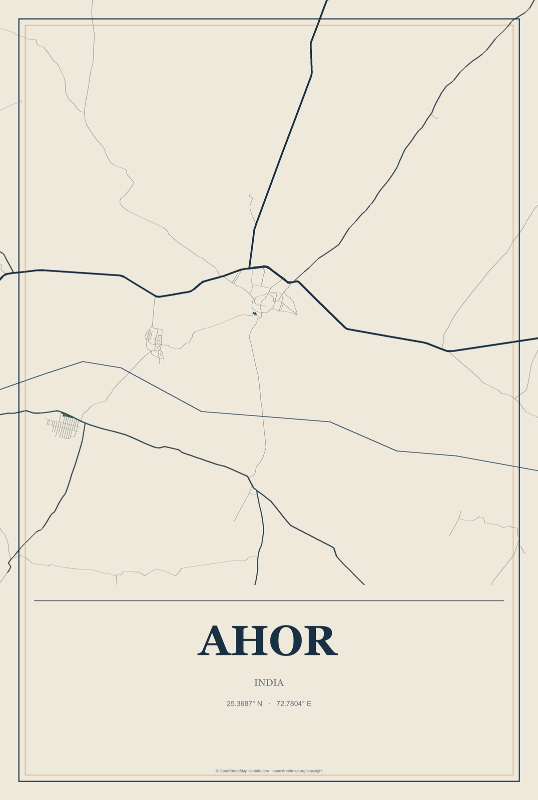 Ahor, India City Map Aluminum Sign in Coastal Cutout style
