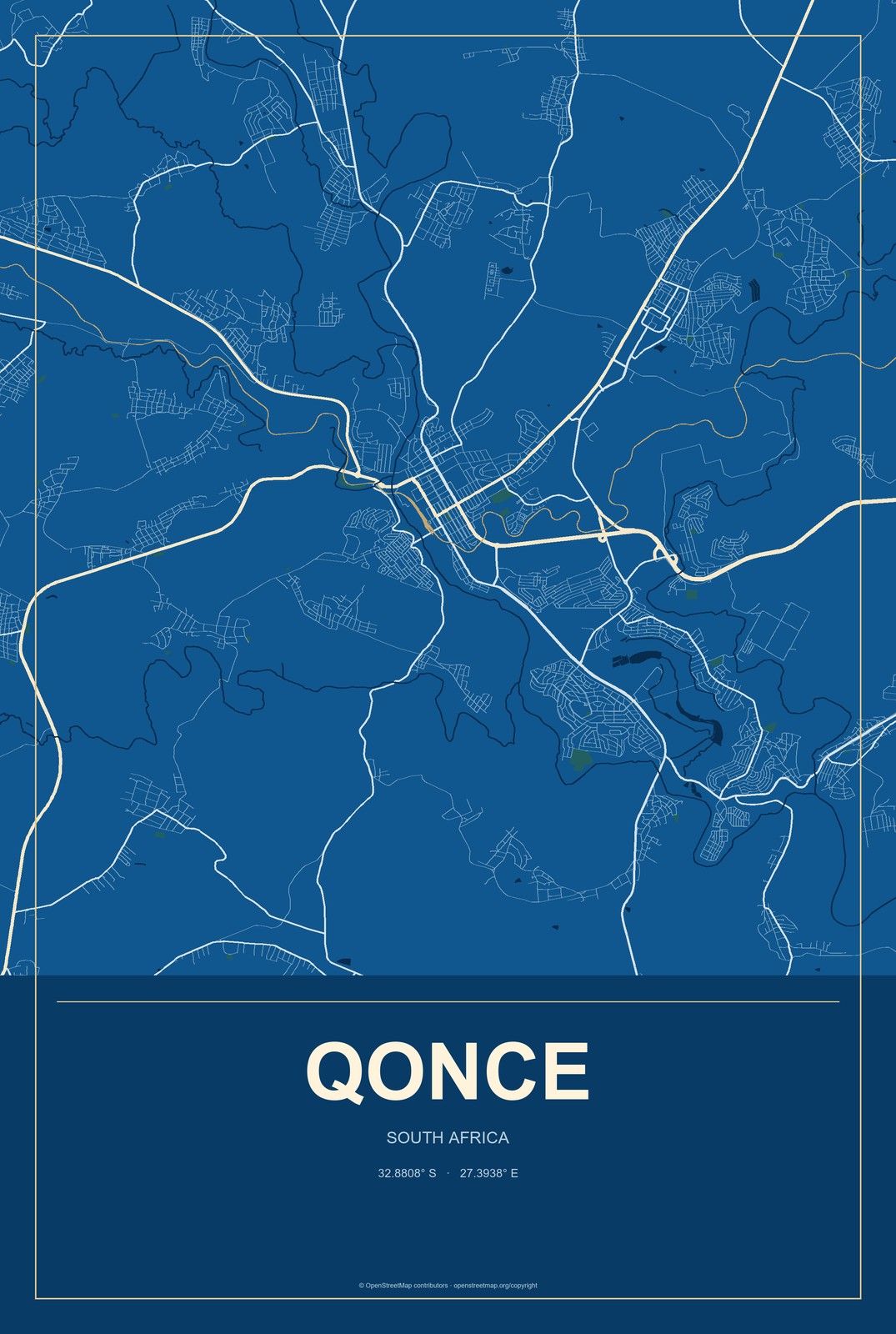 Qonce, South Africa City Map Aluminum Sign in Harbor Cobalt style