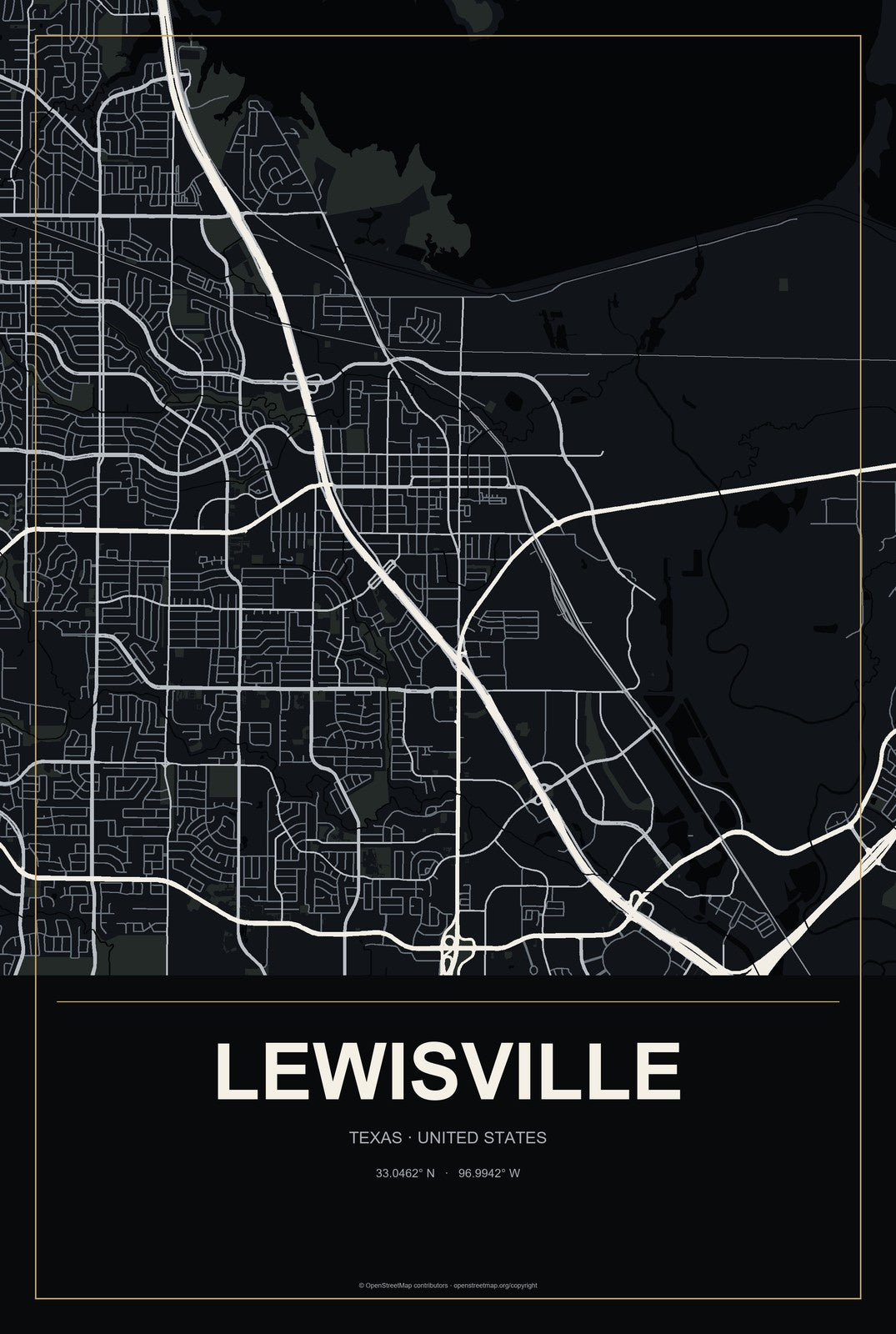Lewisville, Texas City Map Aluminum Sign in Metropolitan Noir style