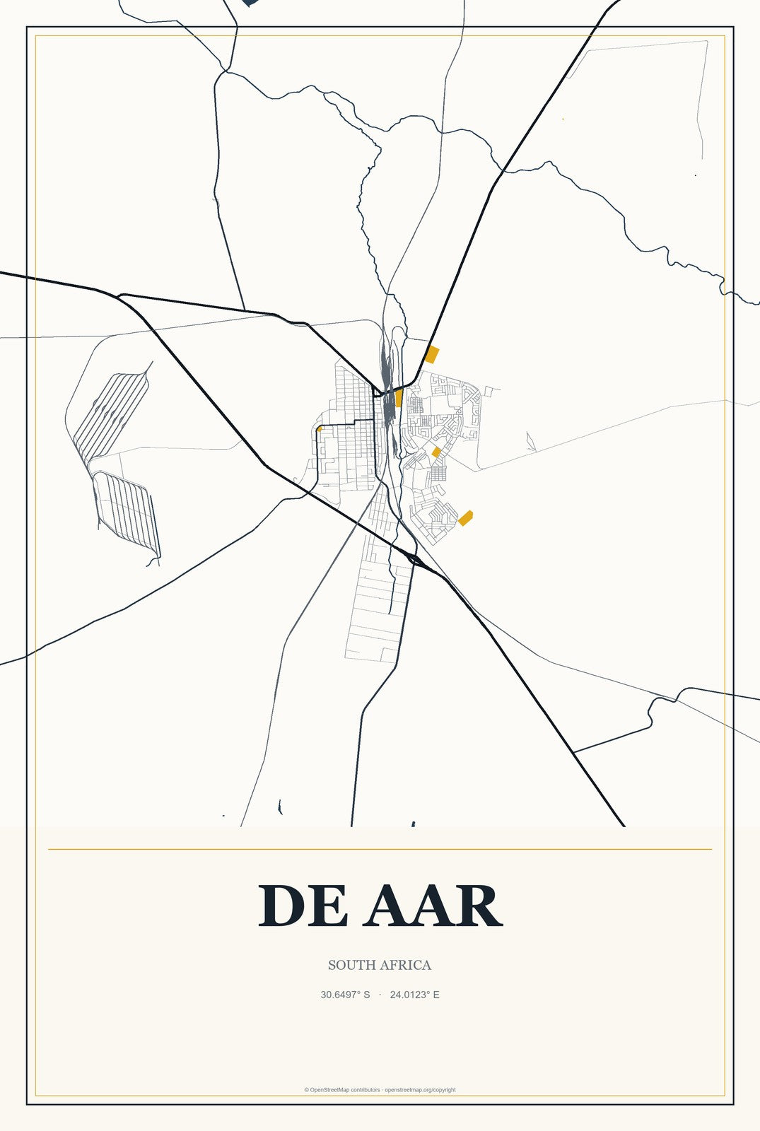 De Aar, South Africa City Map Aluminum Sign in Citrine Modern style
