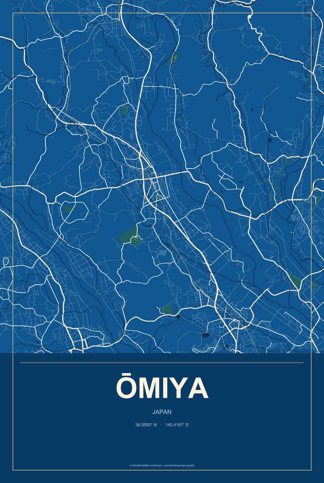 Ōmiya, Tochigi, Japan City Map Aluminum Sign in Harbor Cobalt style