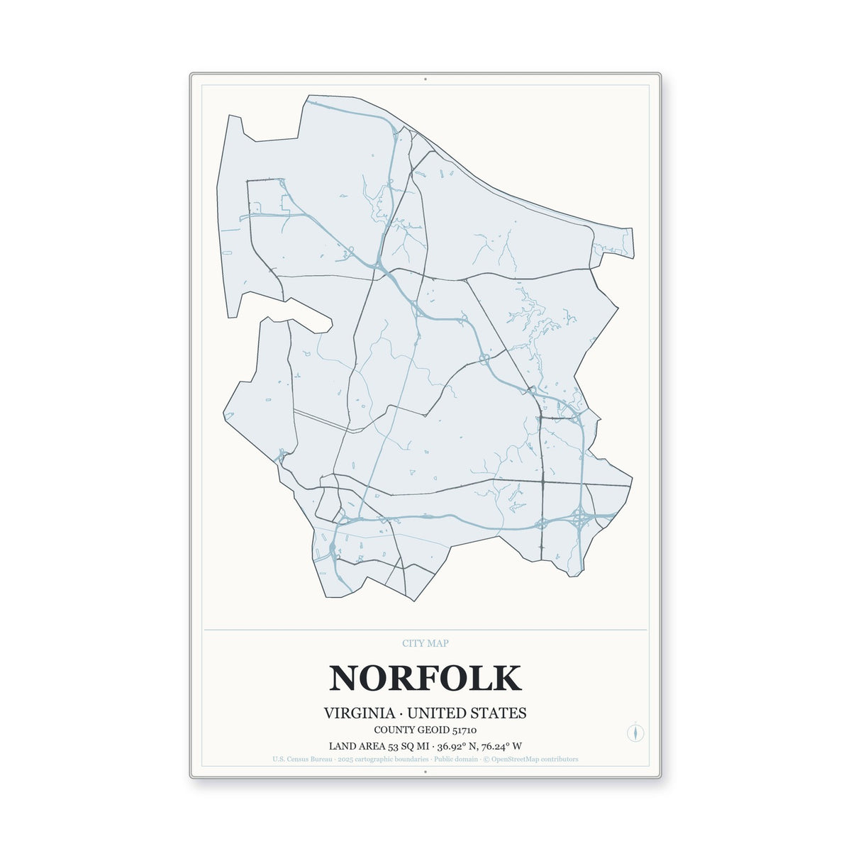 Norfolk city, Virginia Map Aluminum Sign in Gallery Air style