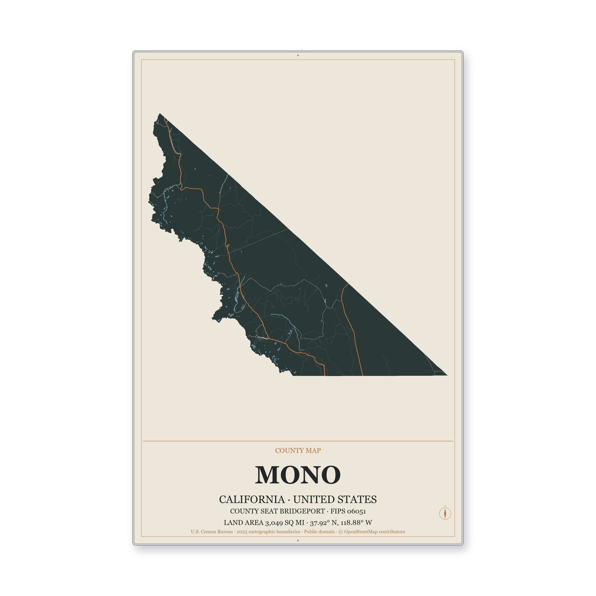 Mono County, California Map Aluminum Sign in Headline Atlas style
