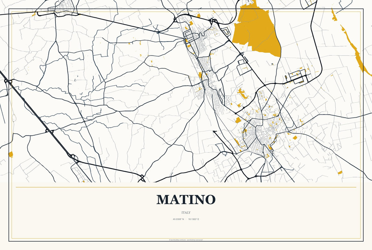 Matino, Italy City Map Aluminum Sign in Citrine Modern style
