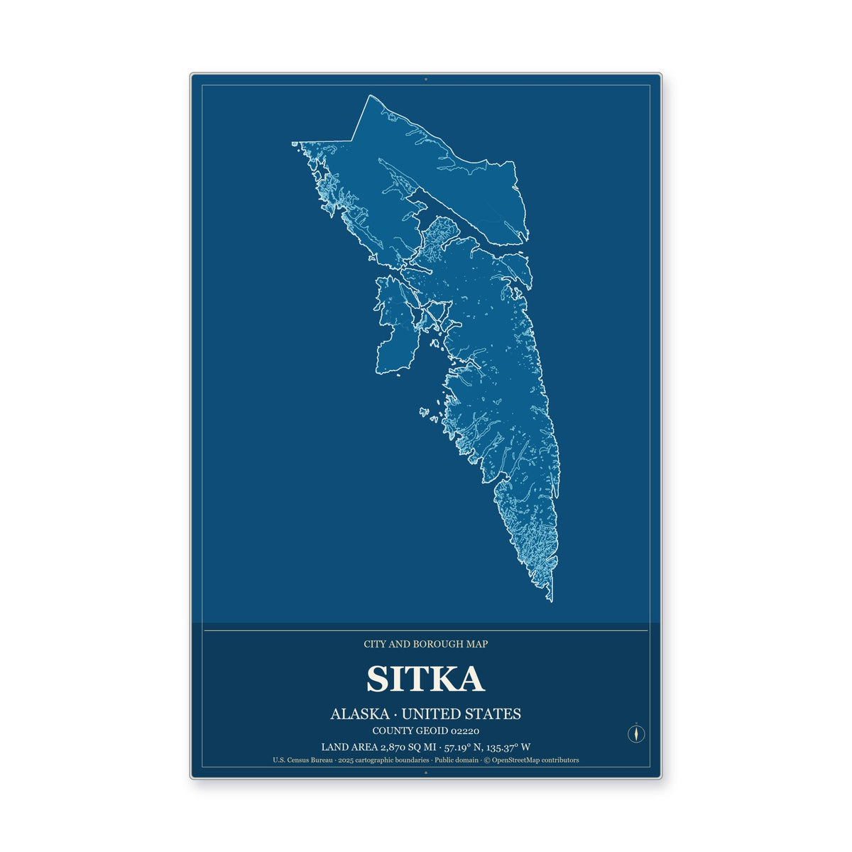 Sitka City and Borough, Alaska Map Aluminum Sign in Harbor Cobalt style