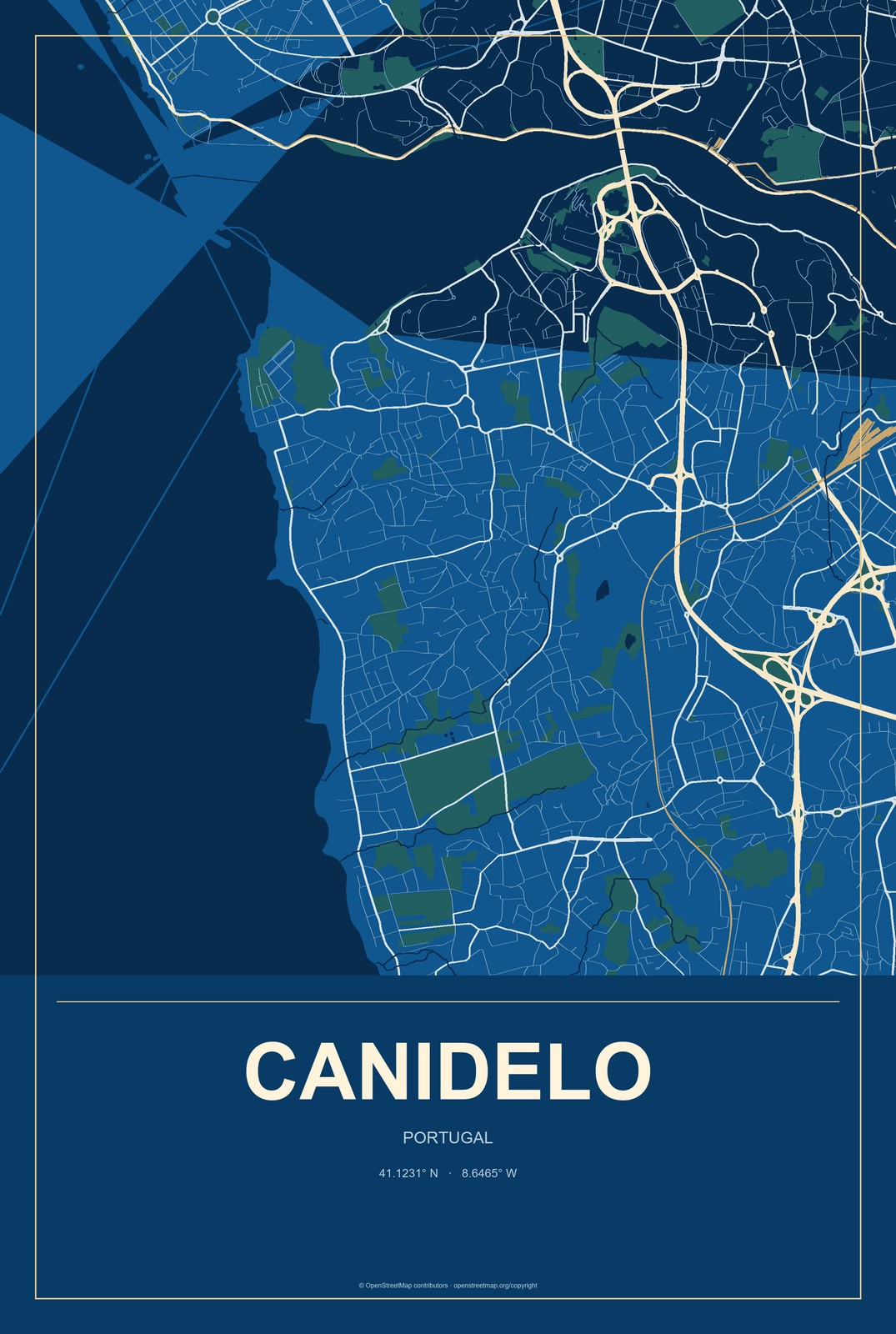 Canidelo, Portugal City Map Aluminum Sign in Harbor Cobalt style