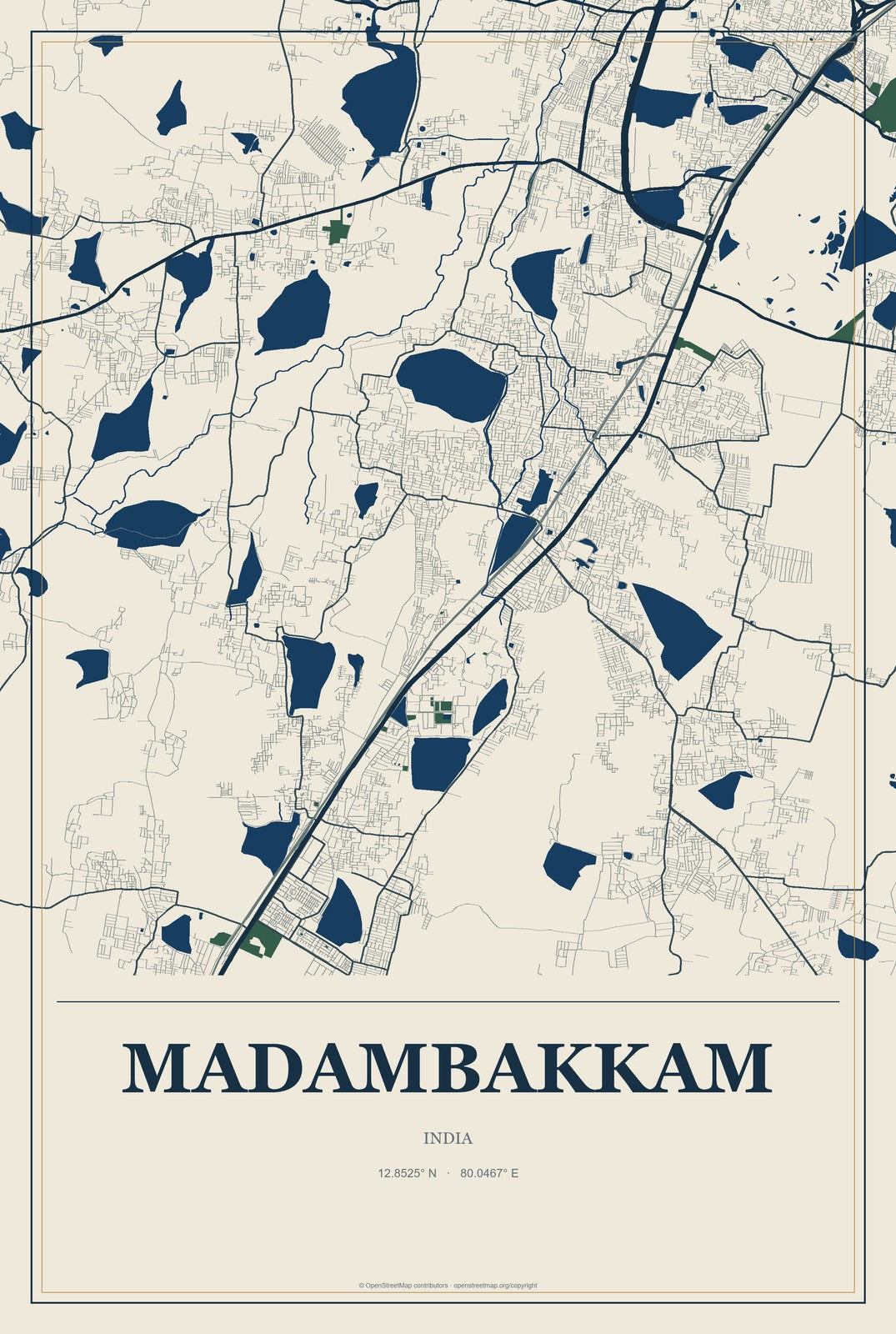 Madambakkam, India City Map Aluminum Sign in Coastal Cutout style