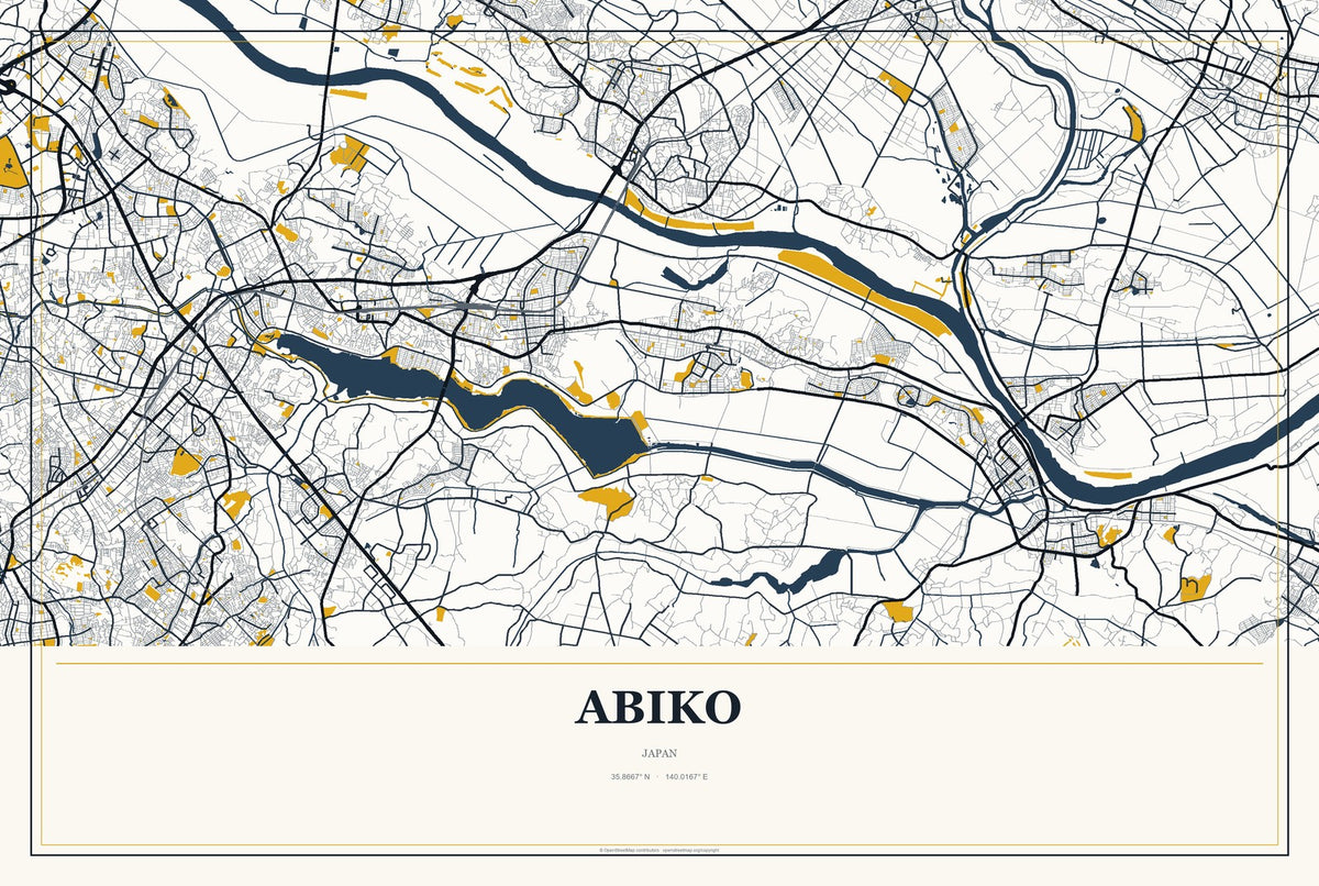 Abiko, Japan City Map Aluminum Sign in Citrine Modern style