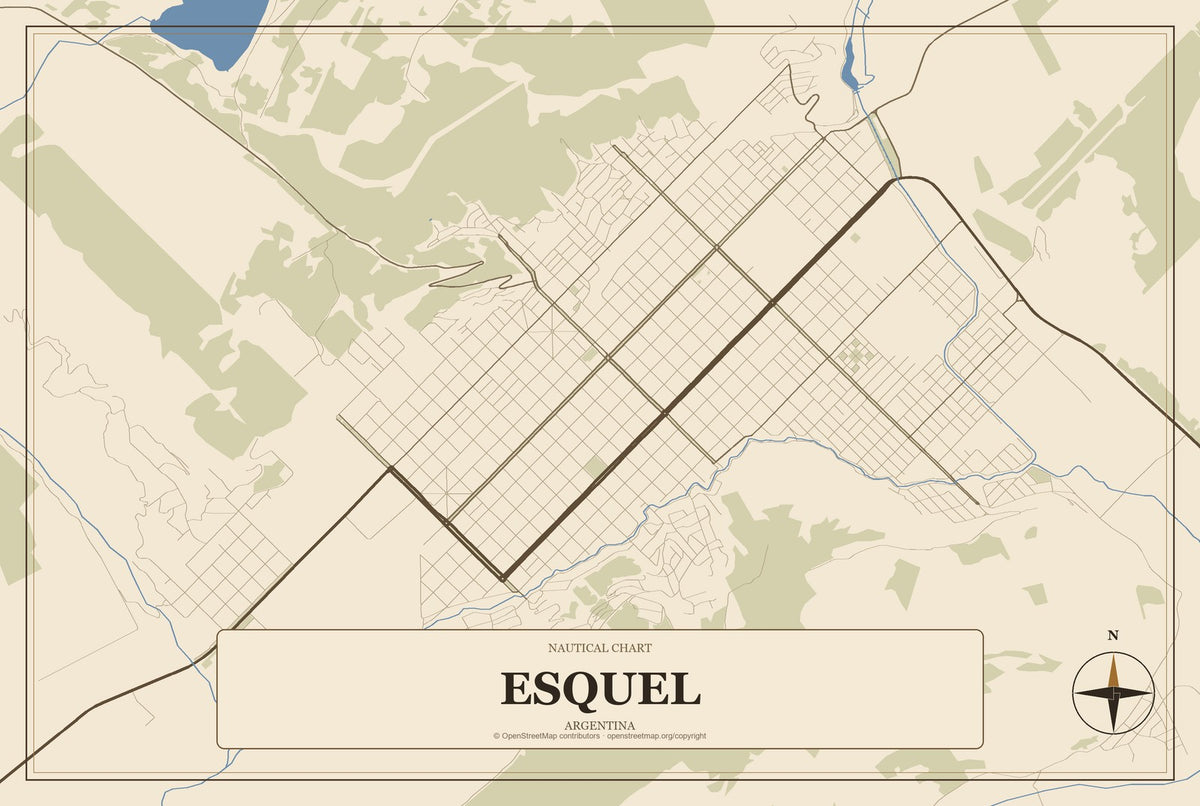 Esquel, Argentina City Map Aluminum Sign in Heritage Nautical style