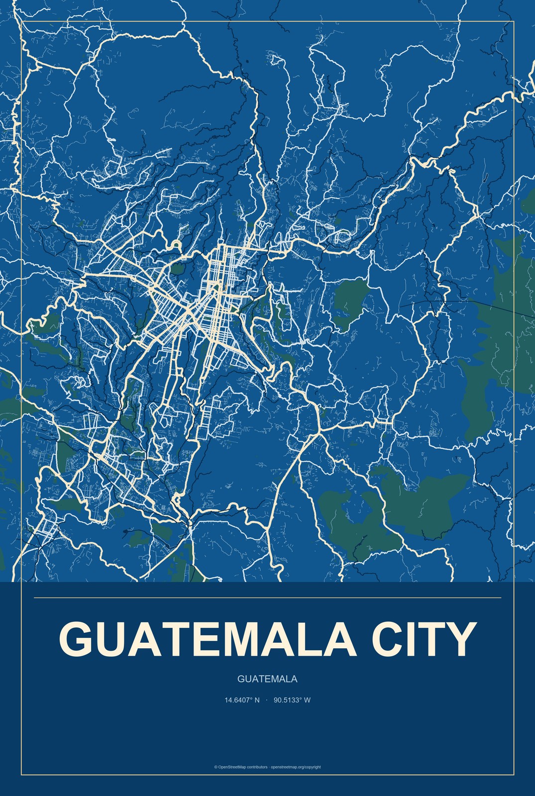 Guatemala City, Guatemala City Map Aluminum Sign in Harbor Cobalt style