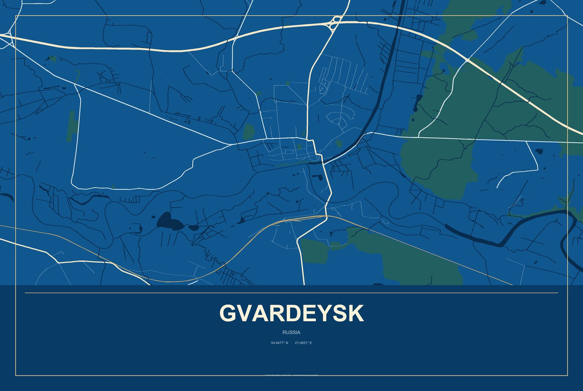 Gvardeysk, Russia City Map Aluminum Sign in Harbor Cobalt style