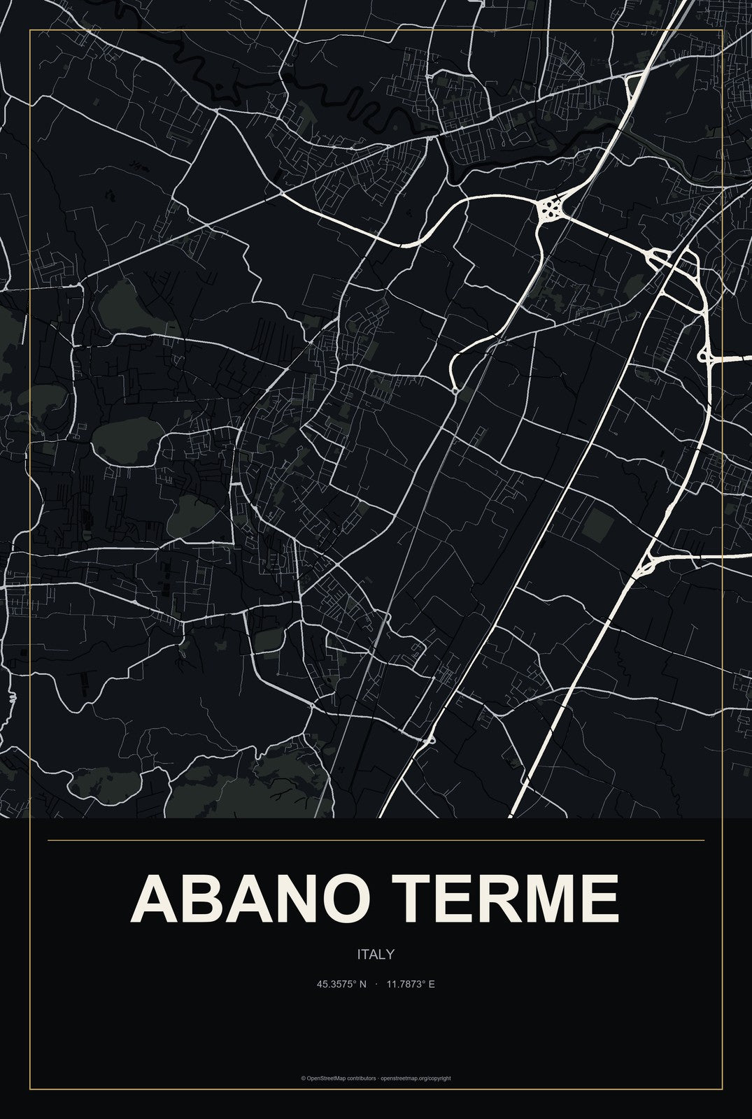 Abano Terme, Italy City Map Aluminum Sign in Metropolitan Noir style