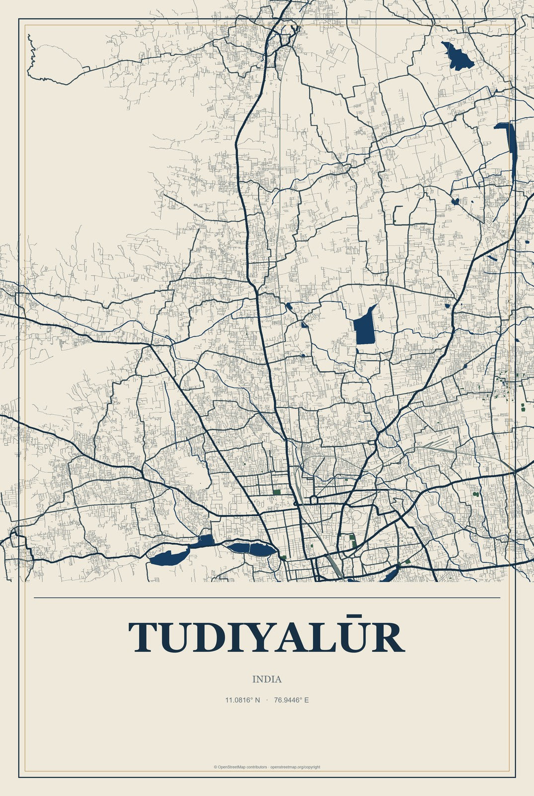 Tudiyalūr, India City Map Aluminum Sign in Coastal Cutout style