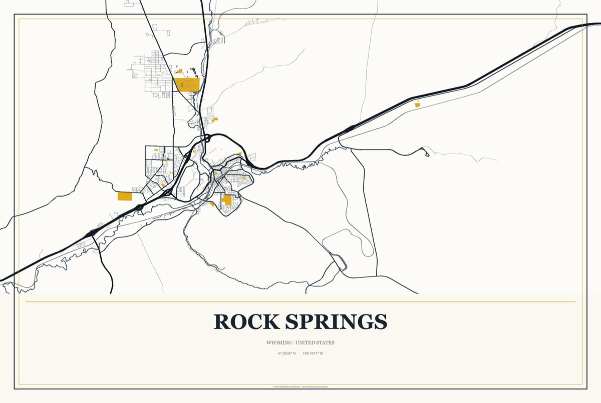 Rock Springs, Wyoming City Map Aluminum Sign in Citrine Modern style