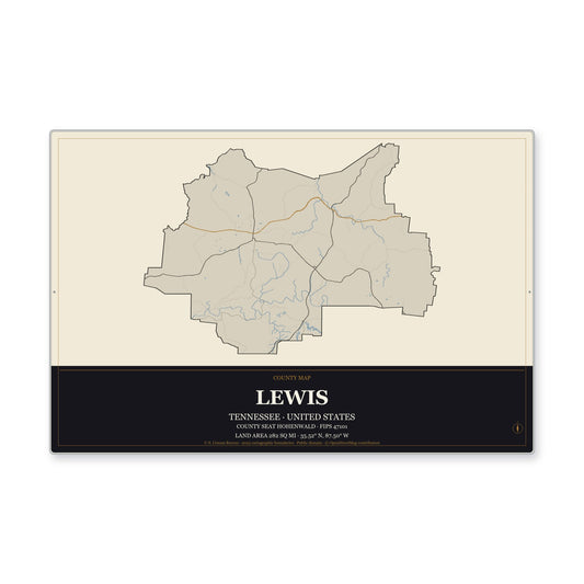 Lewis County, Tennessee Map Aluminum Sign in Museum Plaque style