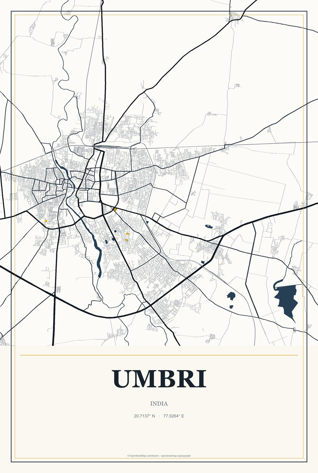 Umbri, India City Map Aluminum Sign in Citrine Modern style