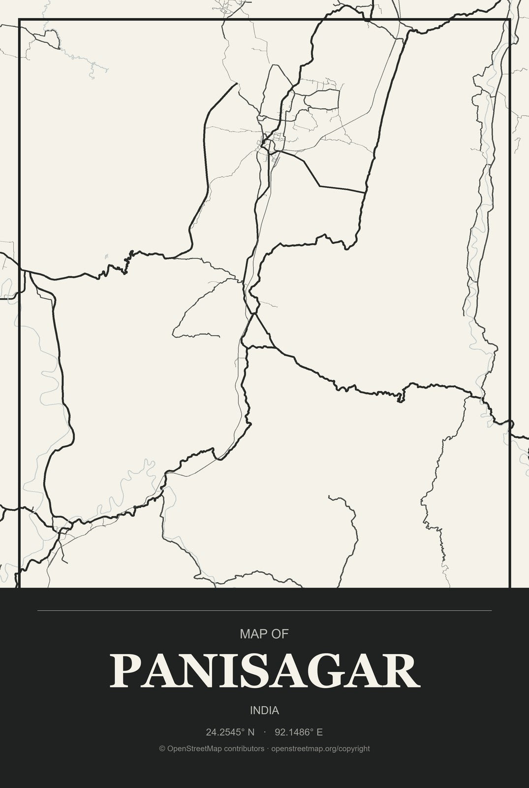 Panisagar, India City Map Aluminum Sign in Museum Plaque style
