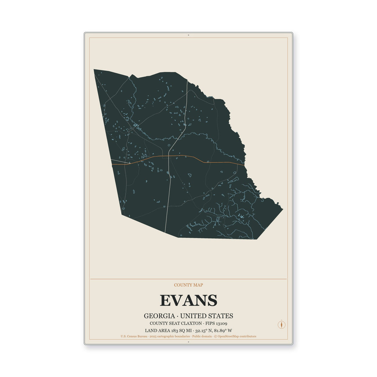 Evans County, Georgia Map Aluminum Sign in Headline Atlas style