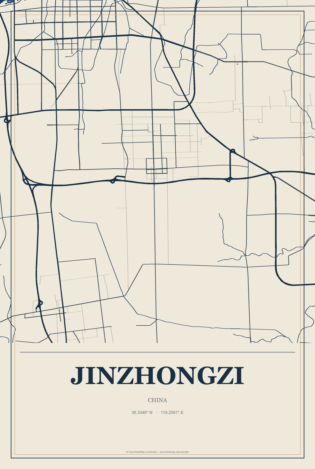 Jinzhongzi, China City Map Aluminum Sign in Coastal Cutout style