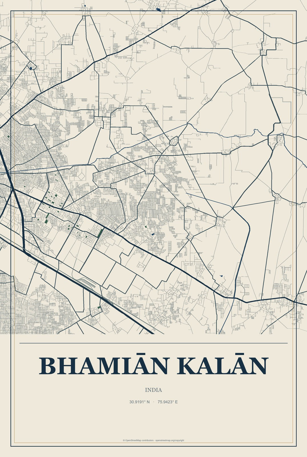 Bhamiān Kalān, India City Map Aluminum Sign in Coastal Cutout style