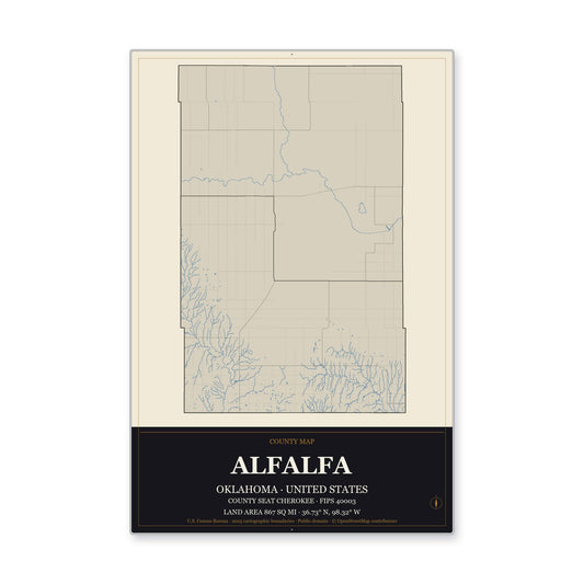 Alfalfa County, Oklahoma Map Aluminum Sign in Museum Plaque style