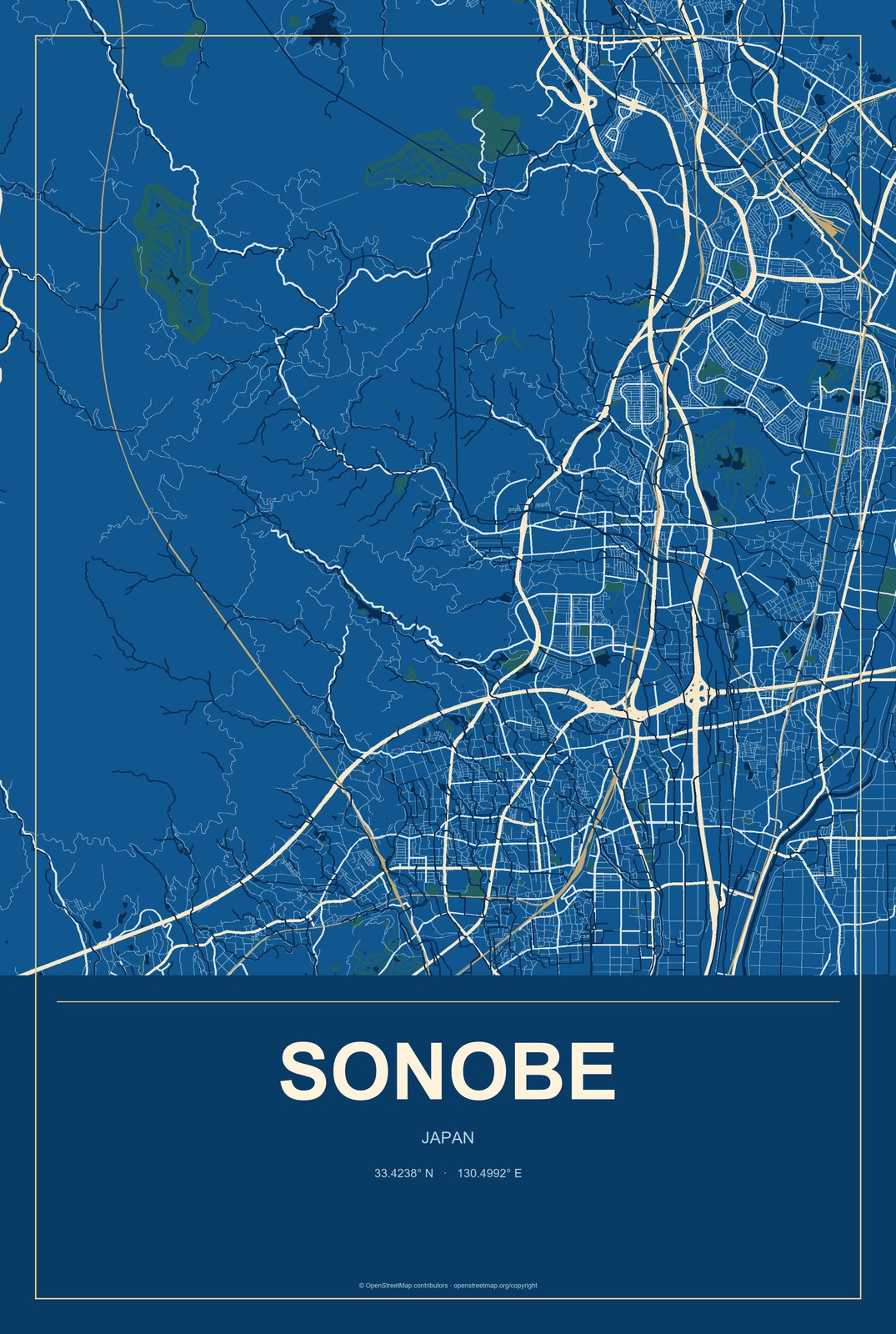 Sonobe, Japan City Map Aluminum Sign in Harbor Cobalt style