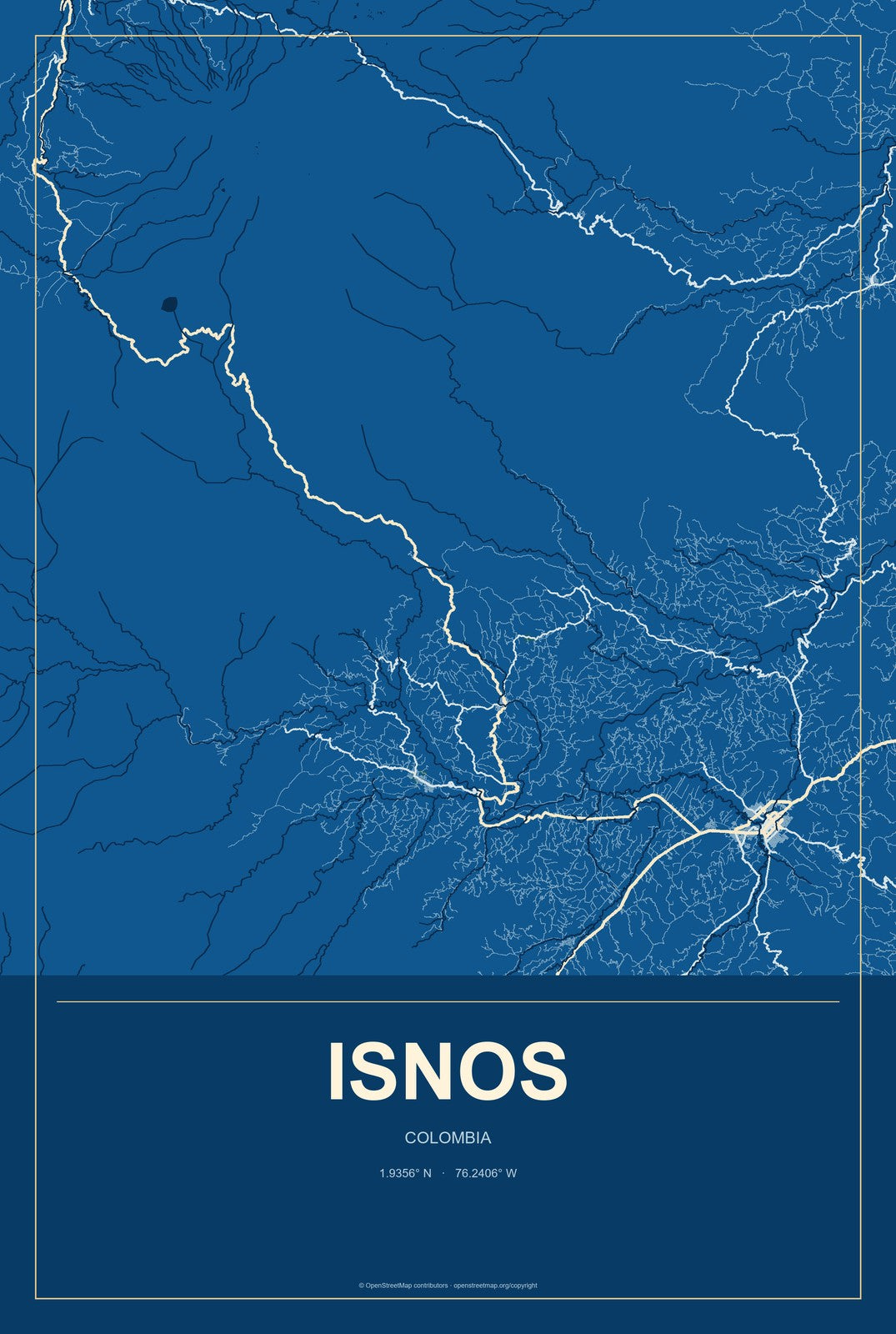 Isnos, Colombia City Map Aluminum Sign in Harbor Cobalt style