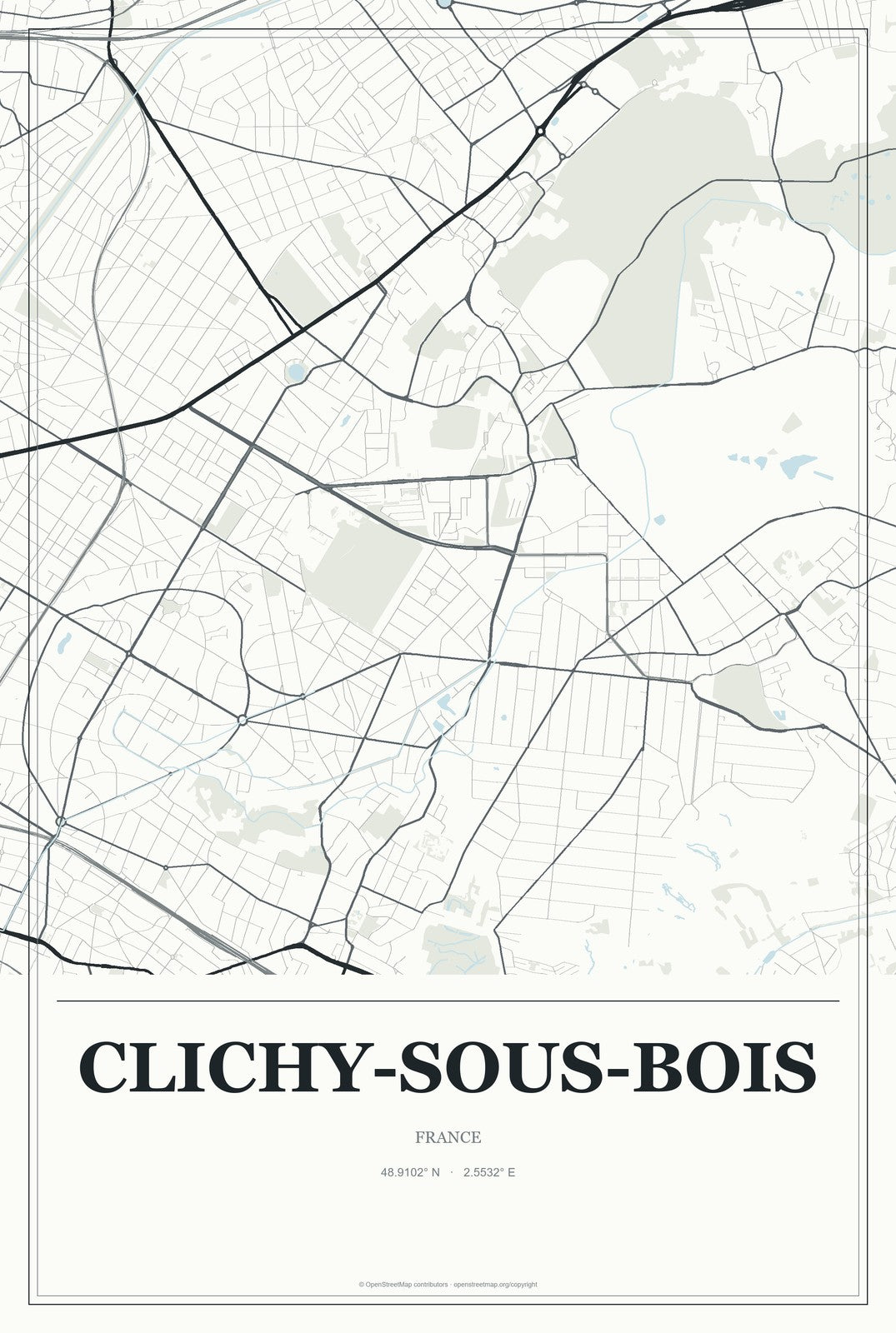 Clichy-sous-Bois, France City Map Aluminum Sign in Gallery Air style