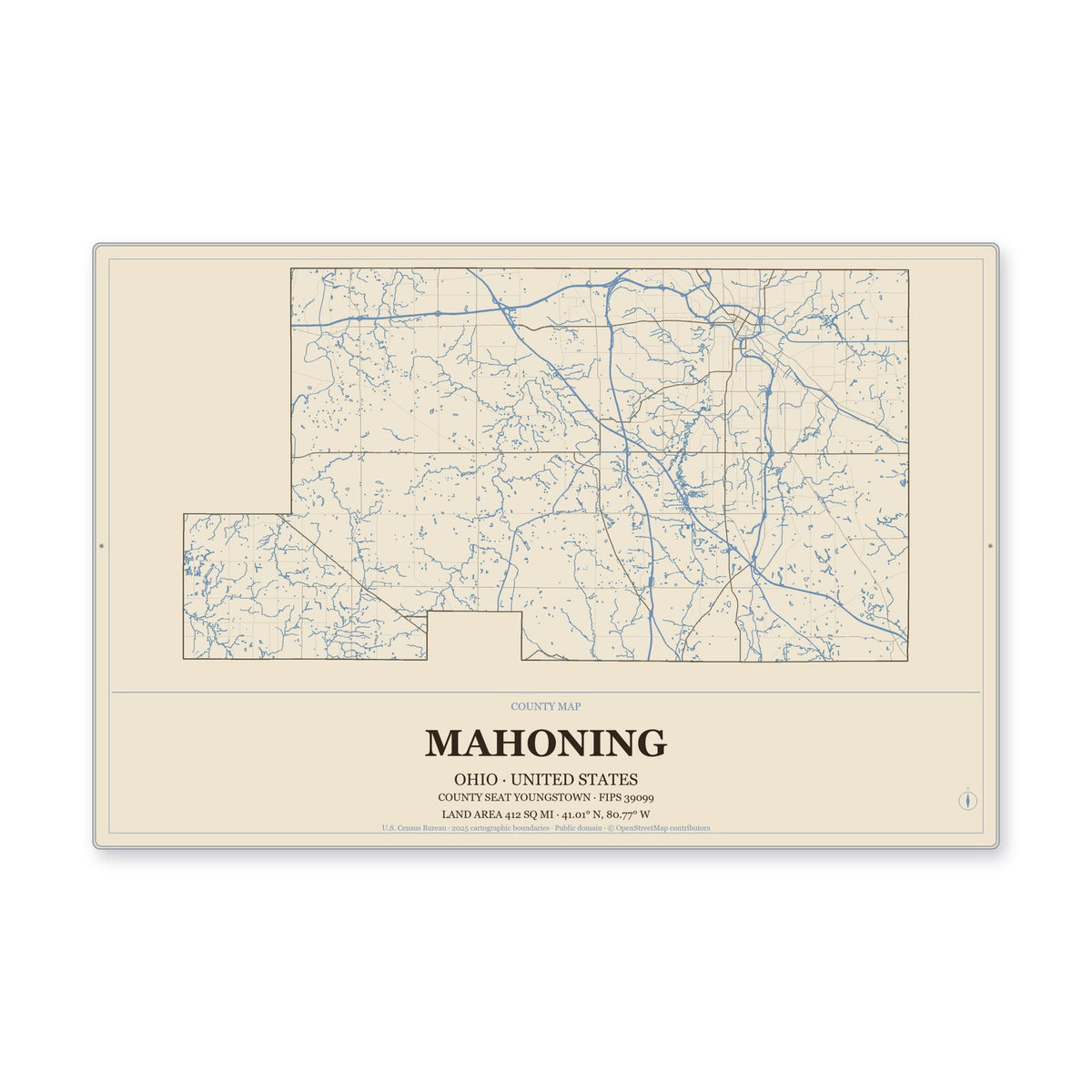 Mahoning County, Ohio Map Aluminum Sign in Heritage Nautical style