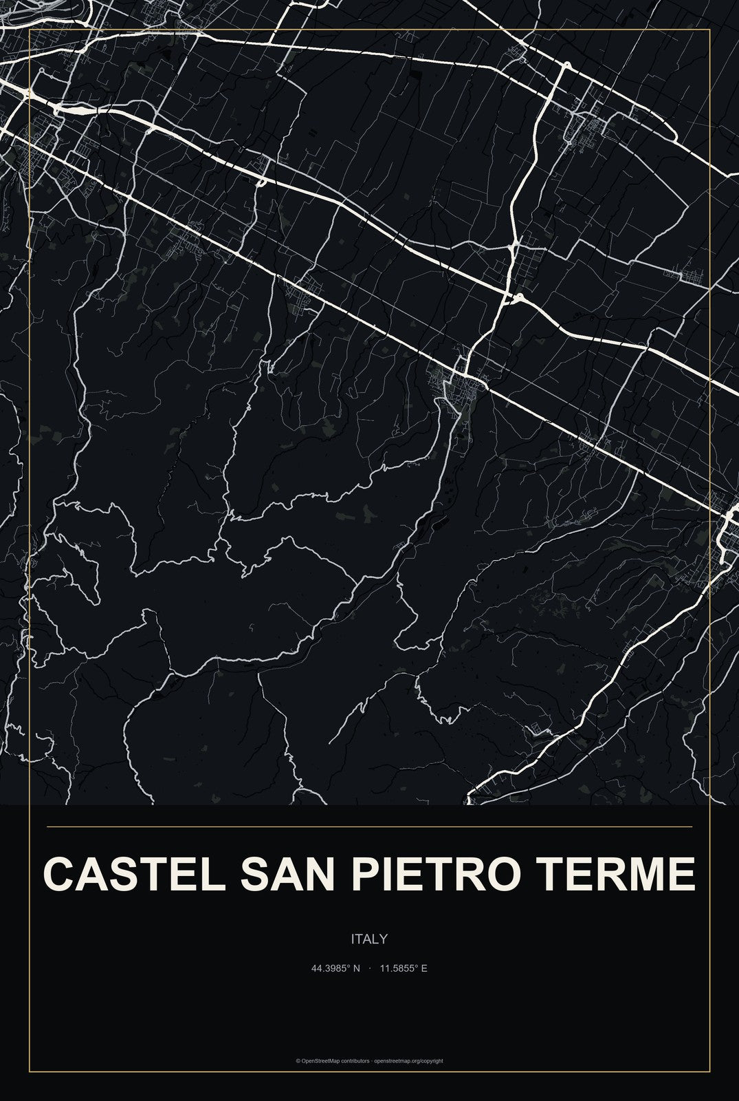 Castel San Pietro Terme, Italy City Map Aluminum Sign in Metropolitan Noir style