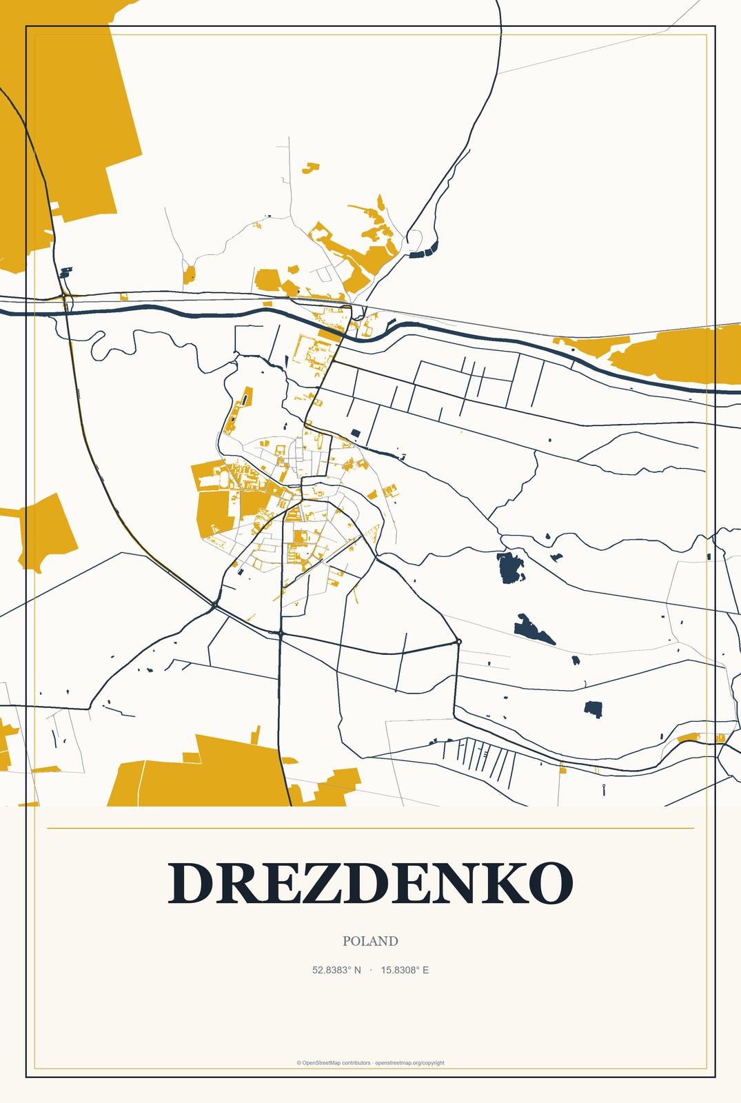 Drezdenko, Poland City Map Aluminum Sign in Citrine Modern style