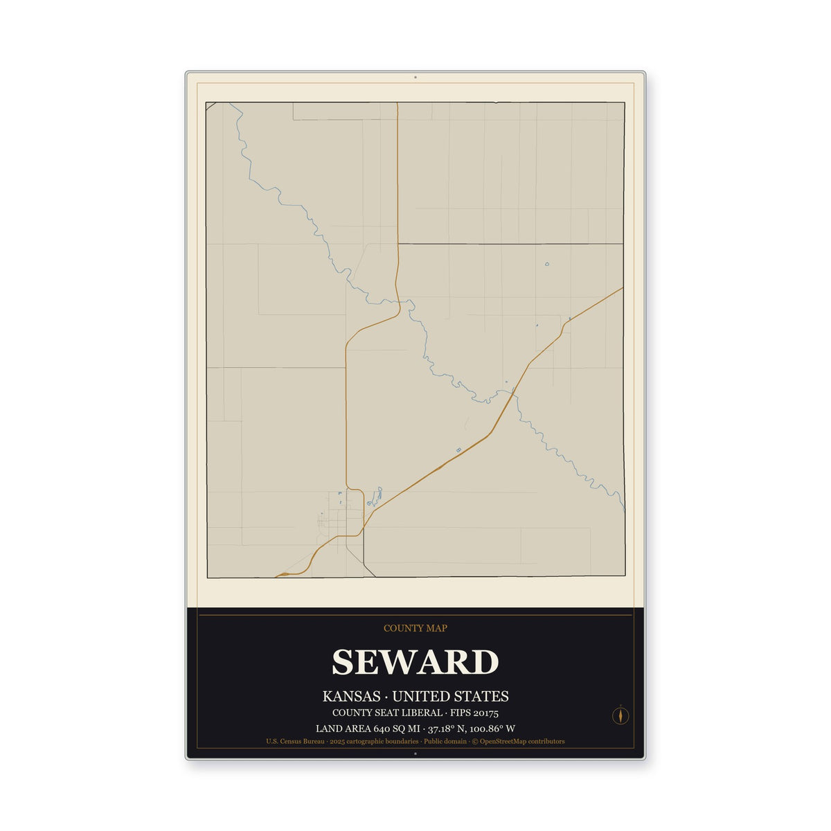 Seward County, Kansas Map Aluminum Sign in Museum Plaque style