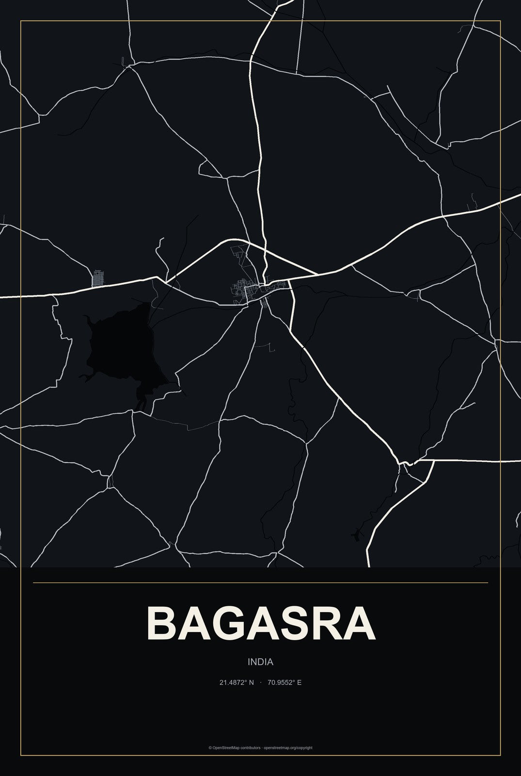 Bagasra, India City Map Aluminum Sign in Metropolitan Noir style