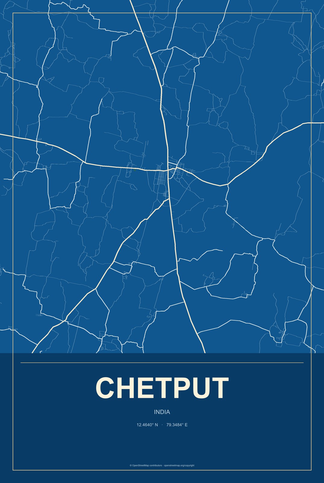 Chetput, India City Map Aluminum Sign in Harbor Cobalt style