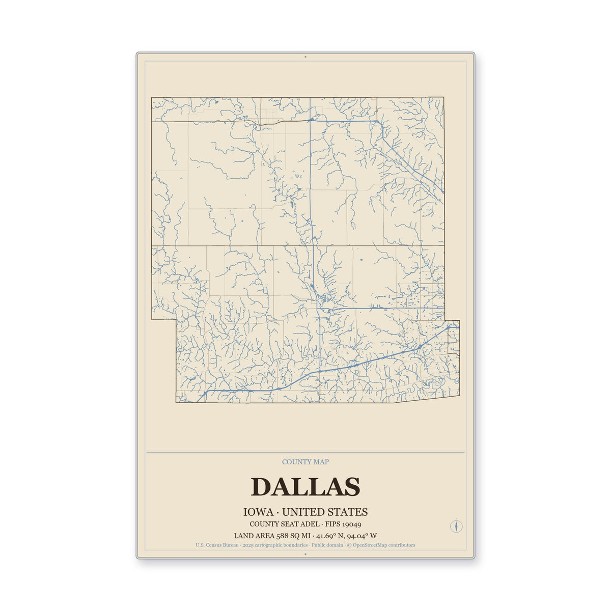 Dallas County, Iowa Map Aluminum Sign in Heritage Nautical style