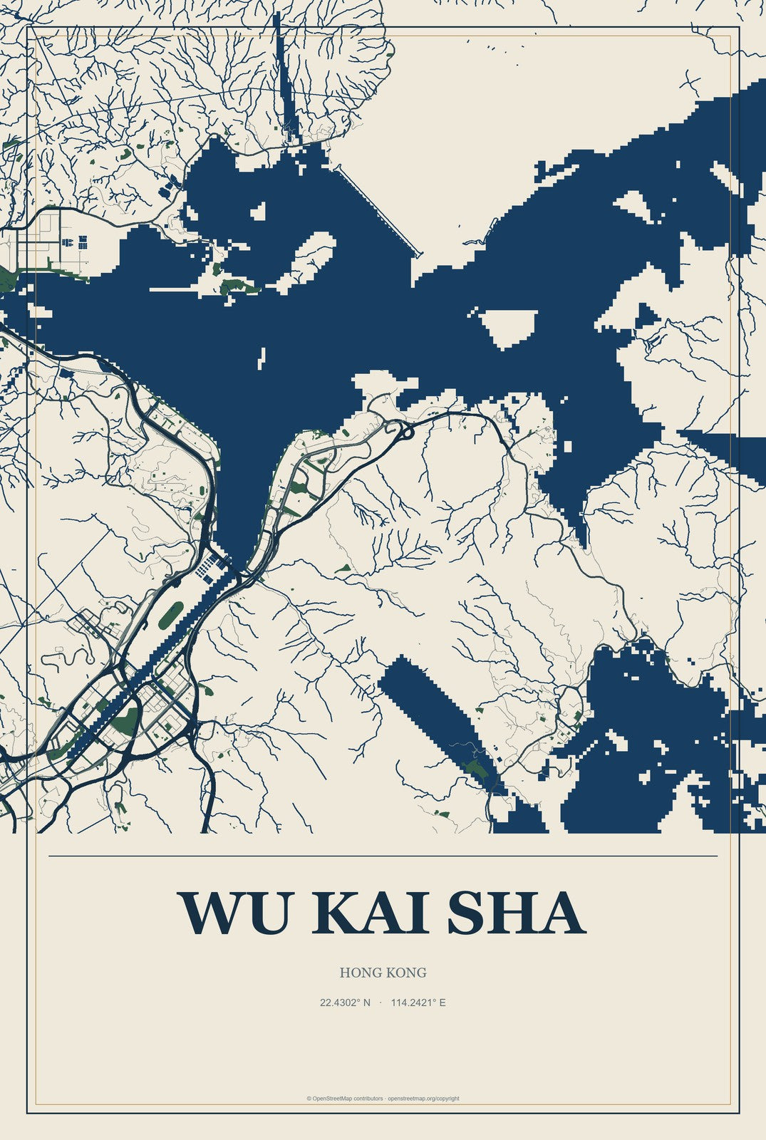 Wu Kai Sha, Hong Kong City Map Aluminum Sign in Coastal Cutout style