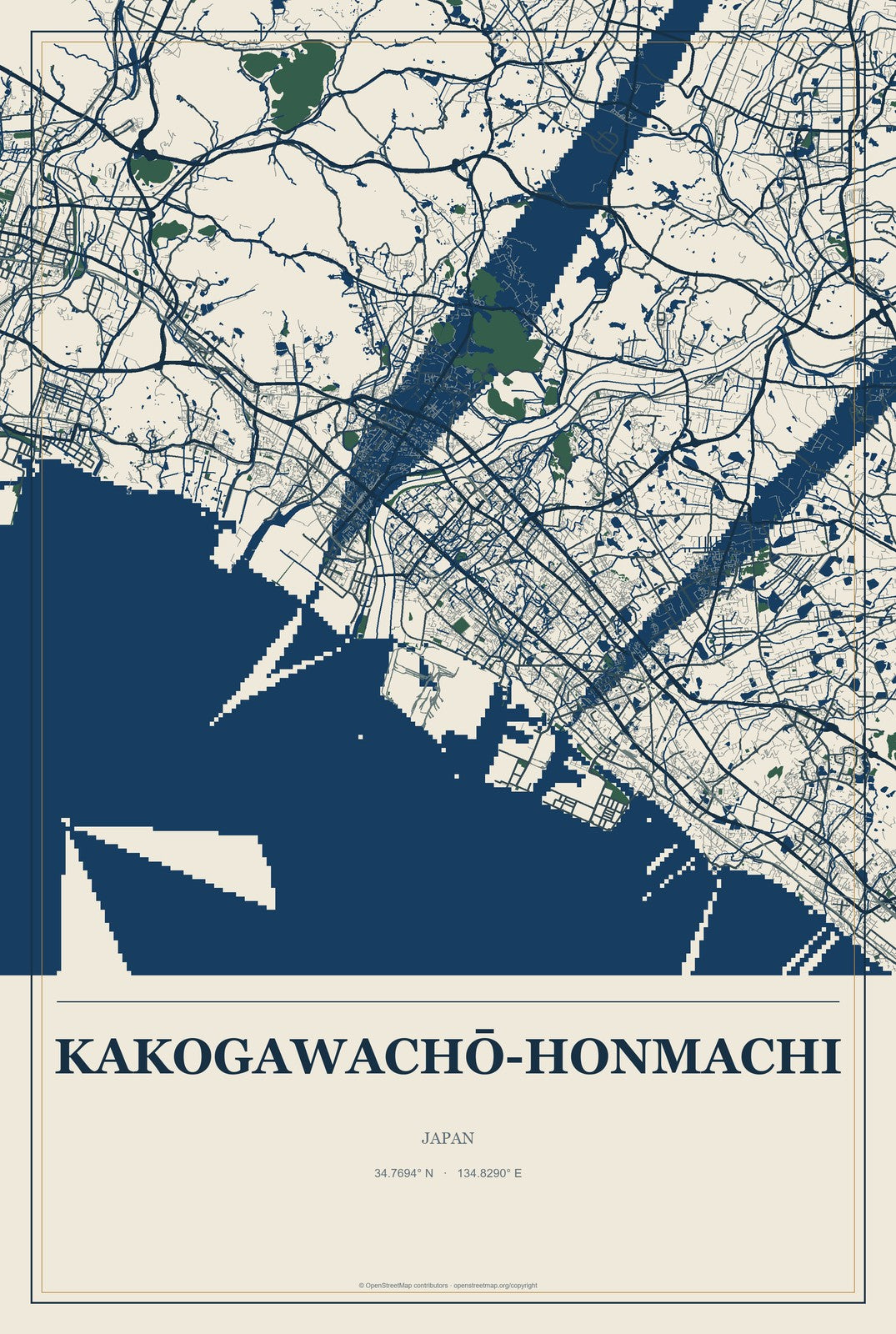 Kakogawachō-honmachi, Japan City Map Aluminum Sign in Coastal Cutout style