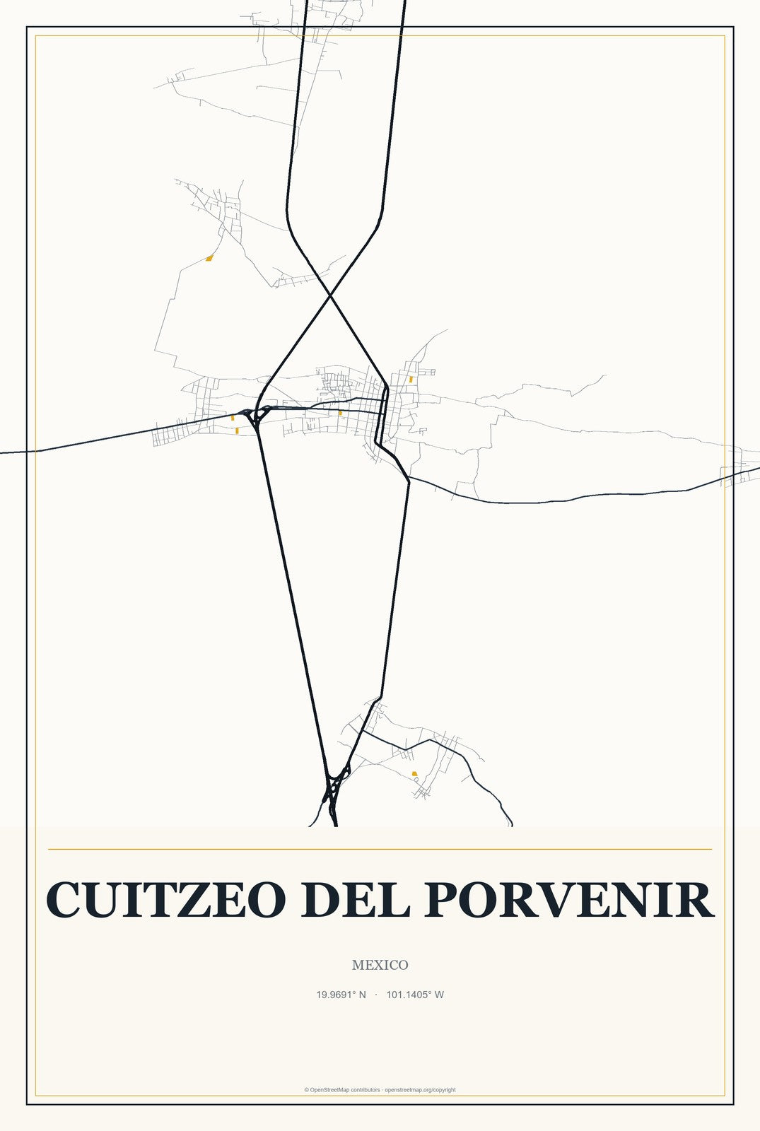 Cuitzeo del Porvenir, Mexico City Map Aluminum Sign in Citrine Modern style