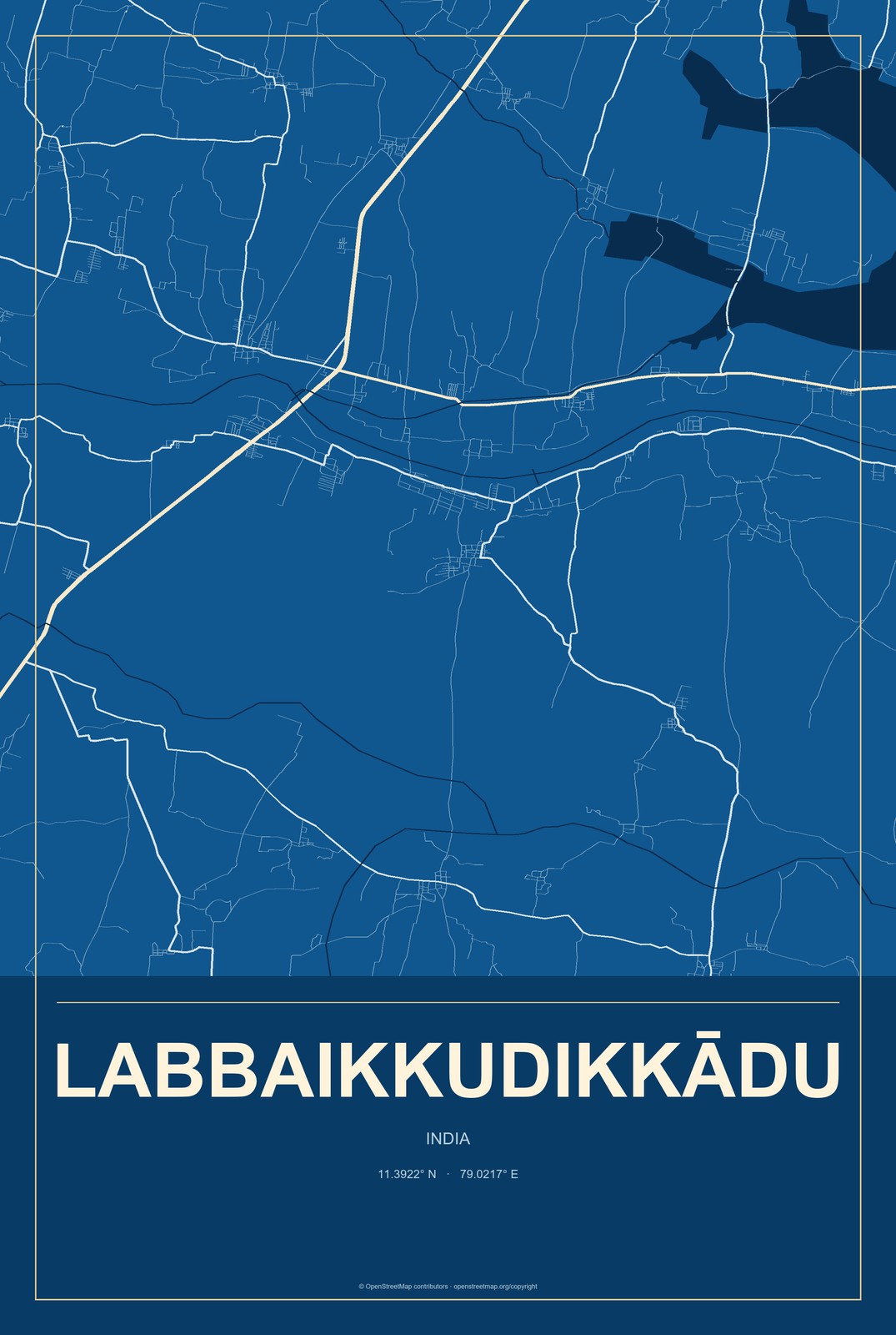 Labbaikkudikkādu, India City Map Aluminum Sign in Harbor Cobalt style
