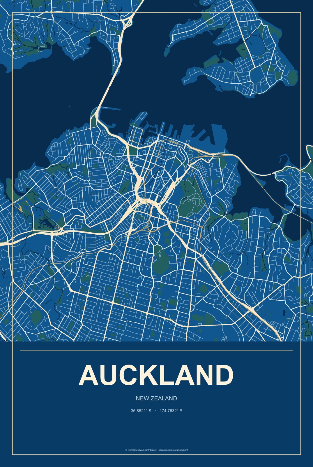 Auckland, New Zealand City Map Aluminum Sign in Harbor Cobalt style