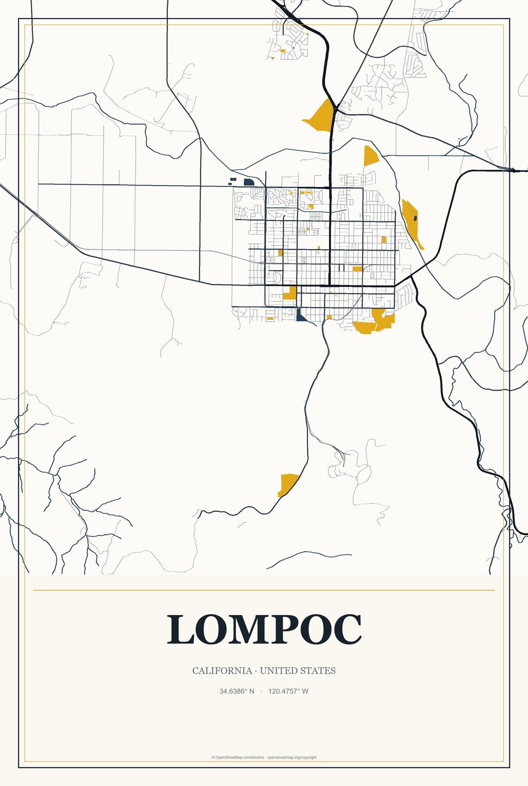 Lompoc, California City Map Aluminum Sign in Citrine Modern style