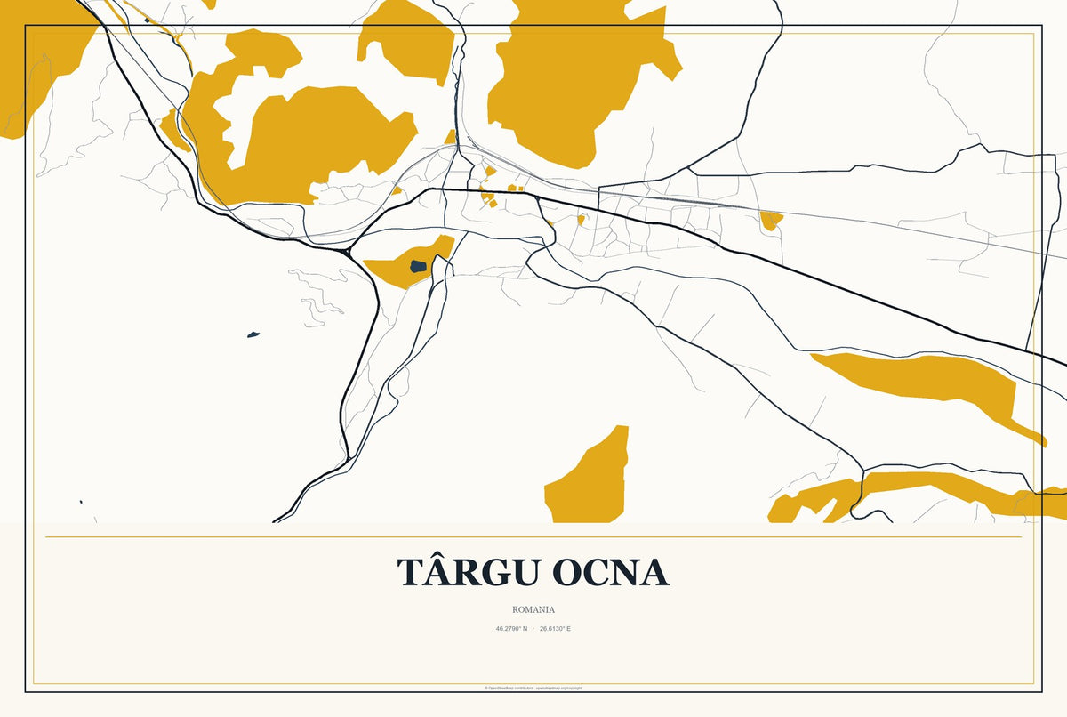 Târgu Ocna, Romania City Map Aluminum Sign in Citrine Modern style