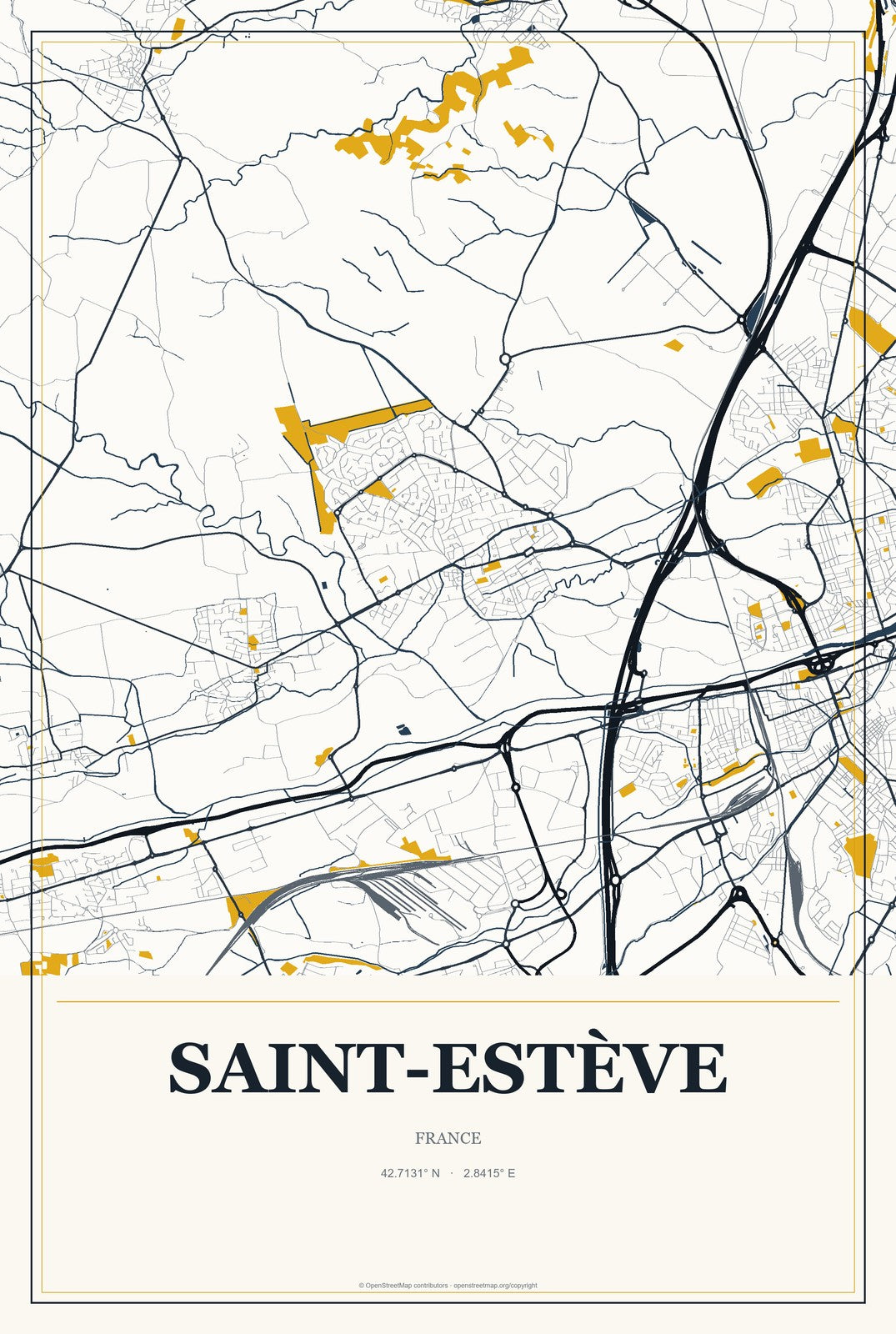 Saint-Estève, France City Map Aluminum Sign in Citrine Modern style